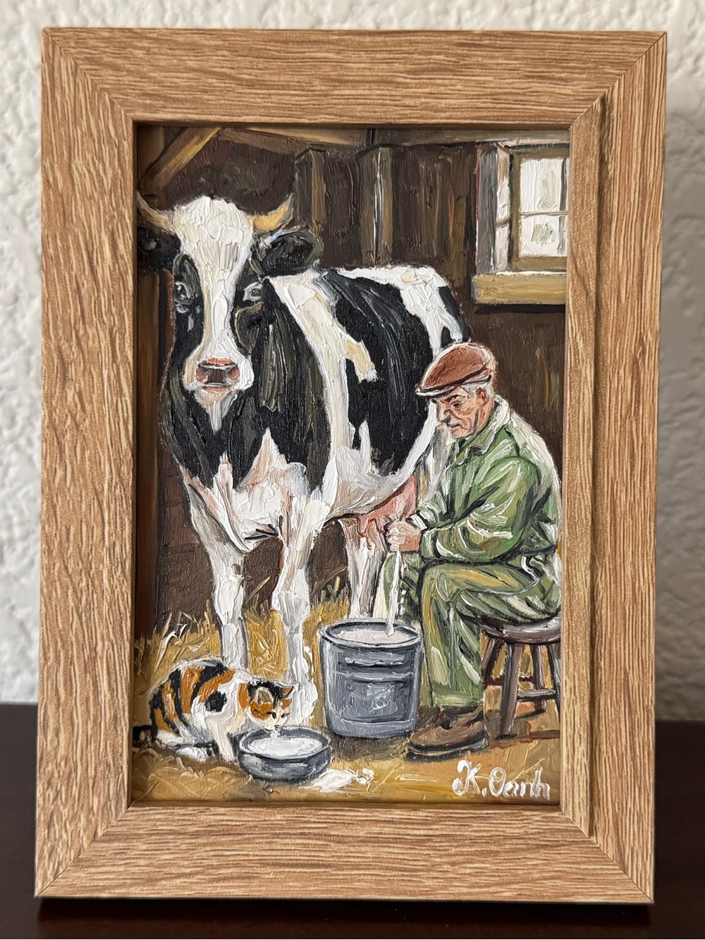 Original oil painting farmer dairy cow cat drinking milk signed framed 4x6 inch
